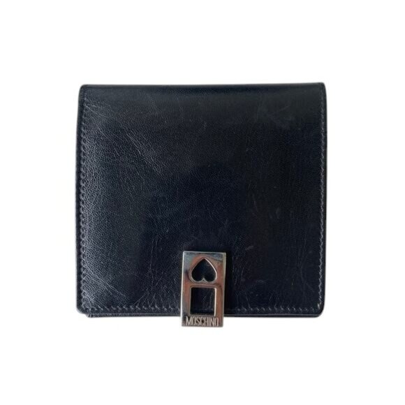 Moschino Leather Wallet Women’s Black Butter Soft Logo Bifold Designer Purse - Picture 1 of 10
